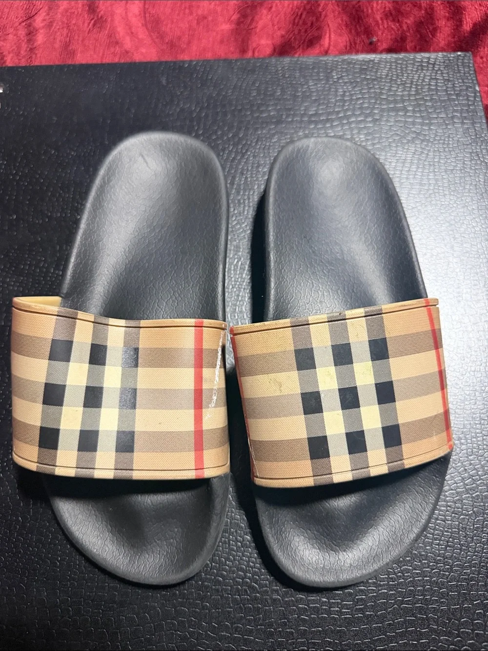 Plaid Slide Sandals - Black Footbed with Beige/Tan Plaid Strap